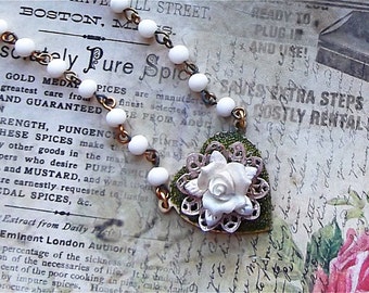 Sweet Heart, White Rose Heart, Porcelain Rose, Filigree Heart, Vintage Rosary Chain, Heart Pendant, MockiDesigns, Gift Wrapped