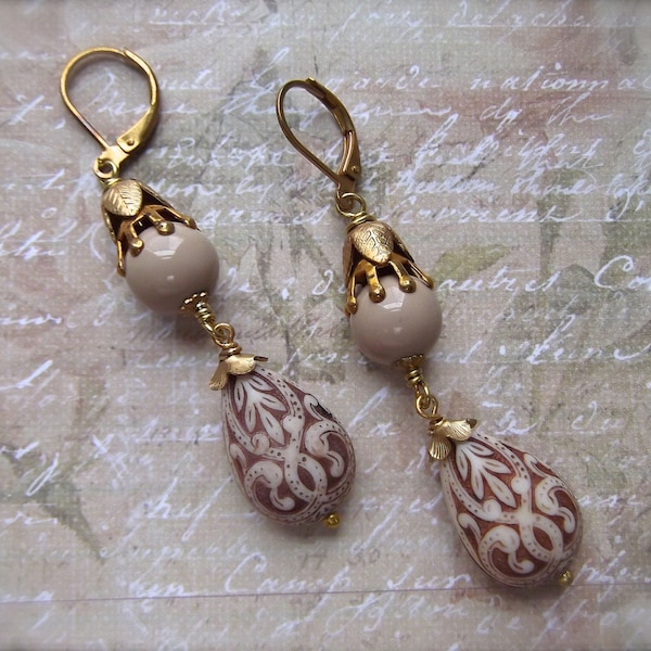 Scroll Design Drop,Double Drop Dangle,Beige Dangle Earring,Vintage Bead & Brass,Neutral Drop,Fancy Teardrop,MockiDesigns,Gift Wrapped