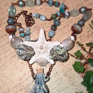 Under The Sea, Mermaid Bottle, Starfish, Shell and Semi Precious Stones, Beaded Bib Necklace, MockiDesigns, Gift Wrapped image 4