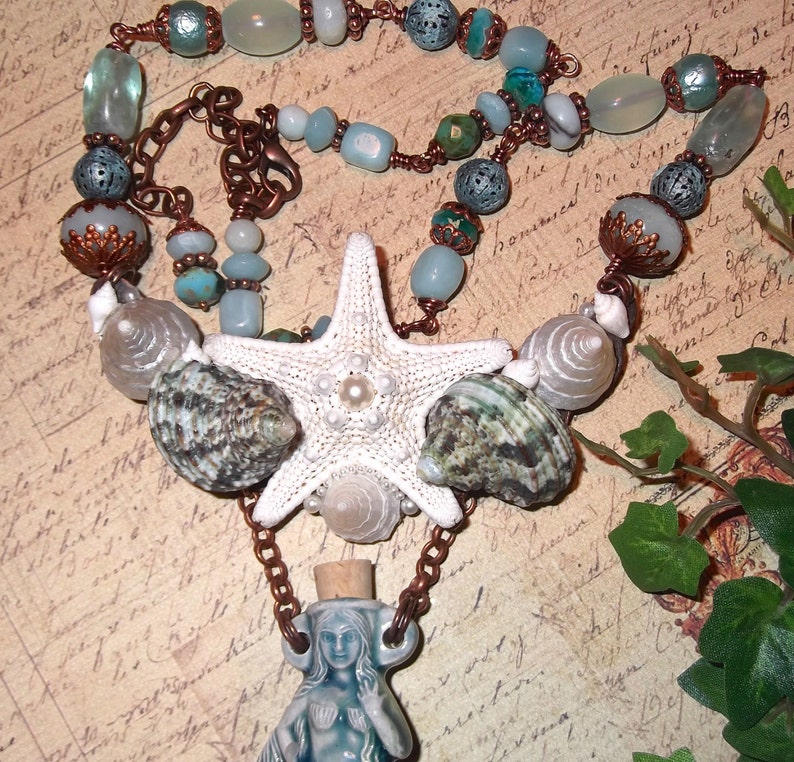 Under The Sea, Mermaid Bottle, Starfish, Shell and Semi Precious Stones, Beaded Bib Necklace, MockiDesigns, Gift Wrapped image 4