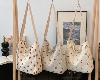Corduroy Tote Bag Large Capacity Aesthetic School Bag Embroidered Kawaii Tote Everyday Travel Shoulder Bag Gift for Her