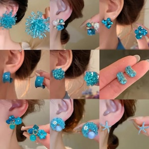 Ice Blue Chunky Earrings Set, Icy Crystal Beaded Studs, Ocean Inspired Statement Jewelry, Floral Starfish Resin Earrings Gift for Her
