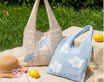 Handmade Crochet Picnic Tote Set for Mom, Boho Floral Market Bag, Cottagecore Beach Shoulder Purse for Women