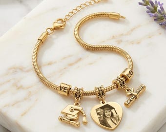 Personalized Graduation Bracelet Class of 2026, Custom Engraved Cuff Bracelet for Her, High School College Grad Gift Jewelry Gold Silver