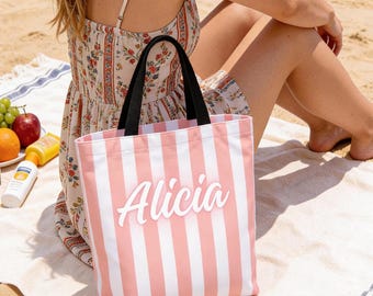 Personalized Beach Tote Bag With Name, Custom Summer Gift For Her, Bridesmaid Beach Bag, Bachelorette Trip Gift, Striped Vacation Tote Bag