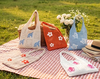 Crochet Tote Bag for Best Friend, Floral Cottagecore Beach Bag, Boho Market Shoulder Purse, Cute Gift for Her