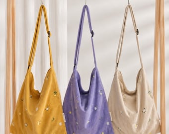 Toteful Bag Corduroy Floral Tote Bag Yellow Shoulder Bag Cute Everyday Tote Casual Hobo Aesthetic School Work Travel Bag Gift for Her