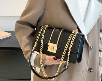 Small Leather Shoulder Bag for Women Crossbody Purse with Chain Cute Trendy Handbag Gift for Her Minimalist Fashion Bag
