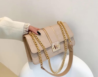 Leather Crossbody Bag Gold Chain Purse Small Shoulder Bag Gift for Her Trendy Sling Bag Cute Mini Handbag Women Fashion