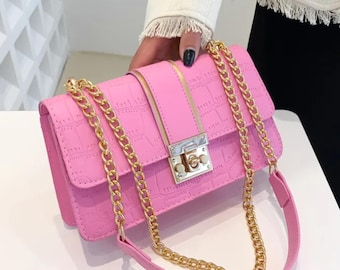 Pink Leather Crossbody Bag Gold Chain Purse Small Shoulder Bag Gift for Her Trendy Sling Bag Cute Mini Handbag Women Fashion