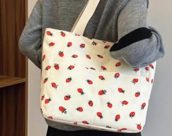 Strawberry Print Corduroy Tote Bag Cute Aesthetic Hobo Bag Casual Daily Shoulder Purse Trendy Fruit Handbag Gift for Her