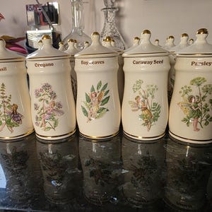 May include: A collection of cream-coloured ceramic spice jars with gold rims and lids. Each jar is labelled with a spice name and features a botanical illustration with a fairy. The jars are arranged in a row.
