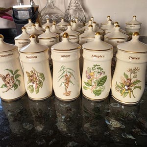 May include: A set of cream-coloured spice jars with gold detailing and lids. Each jar is labelled with a spice name and features a colourful illustration of a fairy. The jars are arranged on a dark surface.