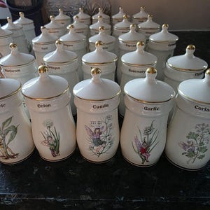 May include: A set of white ceramic spice jars with gold detailing. Each jar is labelled with a spice name and decorated with a botanical illustration and a fairy. The jars are arranged on a dark surface.