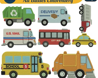 Mini Truck Busses Designs Self-Adhesive Vehicle Machine Embroidery US Mail Car Design Bundle School Bus Embroidery 5+Sizes Instant Download