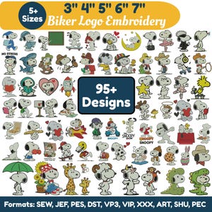 May include: A collection of Snoopy embroidery designs in various poses and outfits. The image includes text that reads "5+ Sizes" and "Biker Logo Embroidery." The designs are available in sizes ranging from 3 to 7 inches. The image also states "95+ Designs."