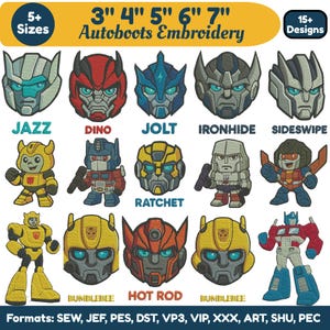 Op de afbeelding: Borduurontwerpen met Autobots-personages in verschillende maten, van 7.6 cm tot 17.8 cm. De afbeelding toont ontwerpen van Jazz, Dino, Jolt, Ironhide, Sideswipe, Ratchet, Bumblebee, Hot Rod en Optimus Prime. Meerdere borduurformaten zijn beschikbaar.