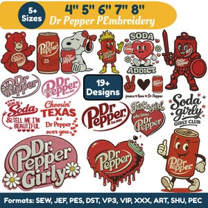 May include: A selection of Dr Pepper embroidery designs. The image showcases diverse designs, such as a bear, Snoopy, and soda cans. The designs are in red, white, and black. The image also includes text that says "5+ Sizes" and "19+ Designs".