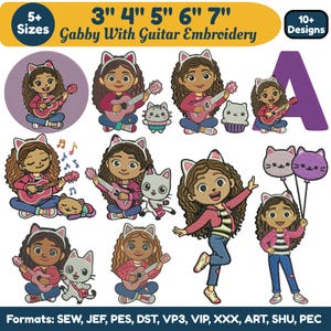 Puede incluir: Una colección de diseños de bordado que presentan a una niña con orejas de gato tocando la guitarra, acompañada de un gato. Los diseños están disponibles en varios tamaños, de 7.6 cm a 17.8 cm. Se muestra el texto "Gabby With Guitar Embroidery".