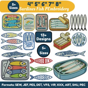 Sardiner Broderidesign Bundle Nyckfull Fisk i en burk Maskinbroderi Sardiner Trio Design 5+ Storlekar Alla Format Direkt Nedladdningsbar Fil
