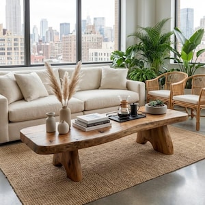 Peut inclure: Un salon avec un canapé clair, une table basse en bois et deux chaises en rotin. La table basse a une finition en bois naturel et est ornée de vases décoratifs, de livres et d'un plateau avec du matériel à café. Un tapis aux tons neutres complète l'espace.