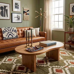 Puede incluir: Un sofá de cuero capitoné marrón claro con una manta estampada, una mesa de centro de madera con tres velas verde oscuro, una bandeja decorativa y un libro, frente a una pared verde salvia con arte enmarcado y una lámpara de latón.