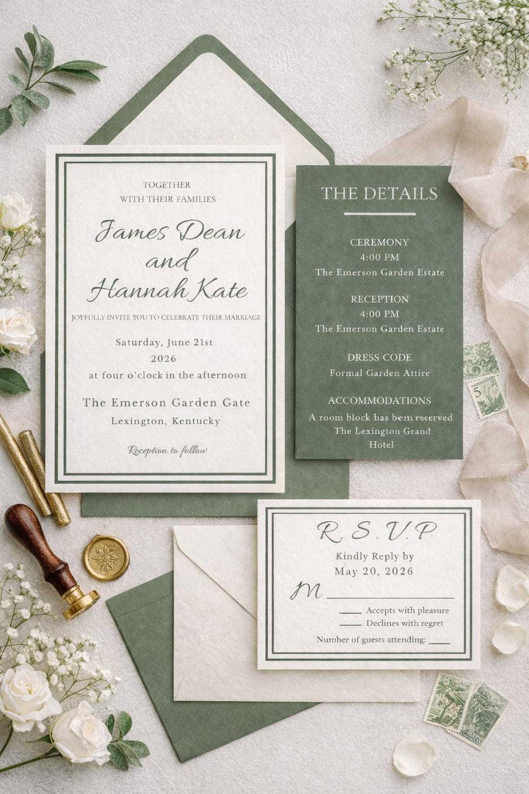 Sage Green Wedding Invitation Suite Template, Elegant Garden ...