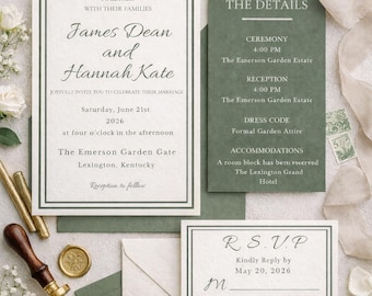 Sage Green Wedding Invitation Suite Template, Elegant Garden Minimalistic Invite Set (Instant Download)