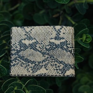 Puede incluir: Una cartera rectangular con un estampado de piel de serpiente en tonos beige, gris y negro. La cartera se encuentra sobre un fondo de exuberante follaje verde, creando un contraste natural y texturizado. El diseño sugiere un enfoque en la textura y el patrón.