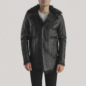Abrigo de piel negra para hombre, chaqueta de borrego, abrigo largo de invierno, chaqueta cálida con cuello de piel, abrigo de invierno de lujo