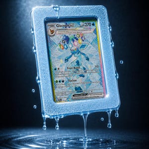 May include: A Glaceon EX trading card encased in a clear, rectangular protective sleeve covered in dripping water droplets. The card features a blue character with a crown of colorful crystals, text reading Glaceon EX, 270 HP, and Frost Bullet.