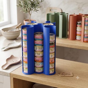 May include: A blue plastic vertical can dispenser holding multiple stacked metal cans of cat food. The dispenser features a curved, open-sided design that allows for easy access to the cans. A small wooden tag labeled Paws & Organise is nearby.