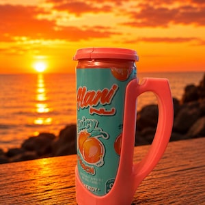 May include: A can of Alani Nu Juicy Peach energy drink with a coral-colored handle, set against a sunset over the ocean. The can is teal with peach graphics and text. The handle is attached to the can.