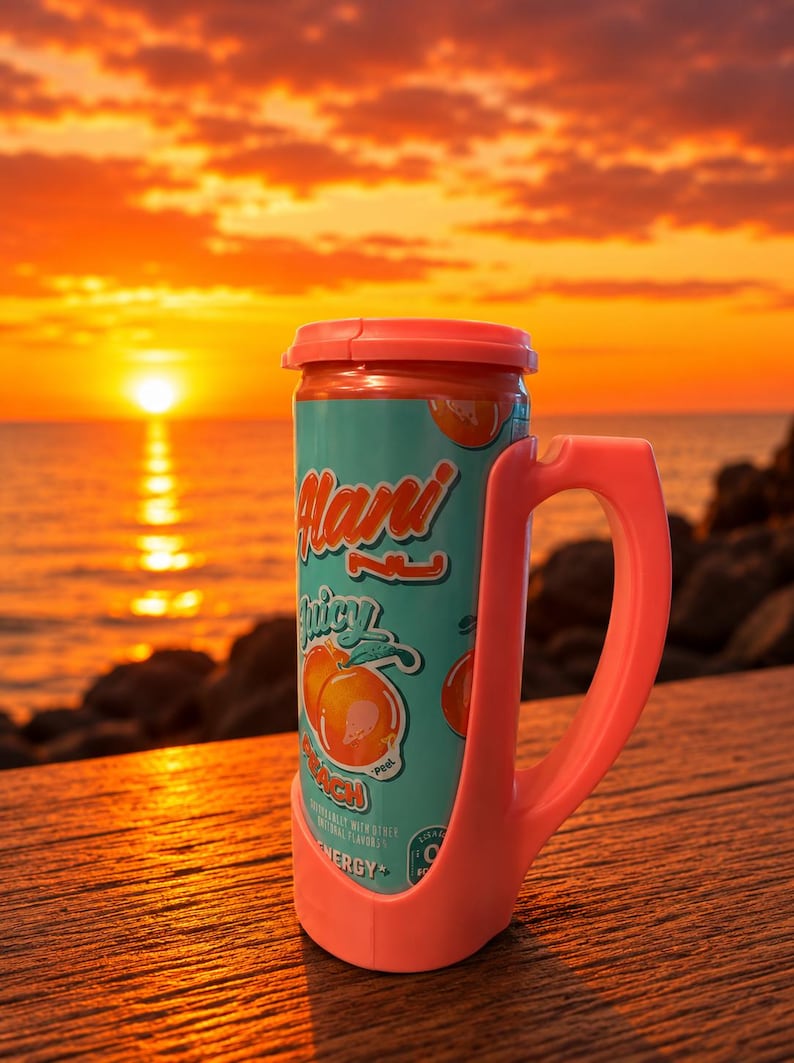 Może przedstawiać: Puszka napoju energetycznego Alani Nu Juicy Peach z koralowym uchwytem, na tle zachodu słońca nad oceanem. Puszka jest turkusowa z grafiką i tekstem brzoskwiniowym. Uchwyt jest przymocowany do puszki.