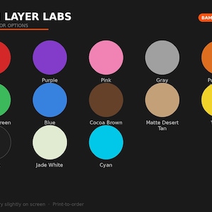 Może przedstawiać: Grafika prezentująca opcje kolor&oacute;w filamentu od Cajun Layer Labs. Obraz wyświetla serię kolorowych k&oacute;ł, w tym czerwony, fioletowy, r&oacute;żowy, szary i pomarańczowy, z odpowiadającymi nazwami kolor&oacute;w. Widoczny jest r&oacute;wnież tekst "BAMBU LAB FILAMENT".