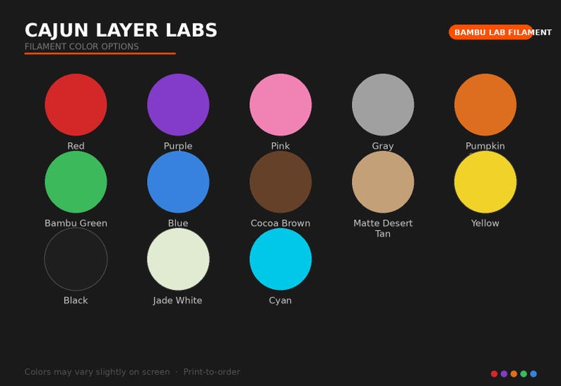 Może przedstawiać: Grafika prezentująca opcje kolor&oacute;w filamentu od Cajun Layer Labs. Obraz wyświetla serię kolorowych k&oacute;ł, w tym czerwony, fioletowy, r&oacute;żowy, szary i pomarańczowy, z odpowiadającymi nazwami kolor&oacute;w. Widoczny jest r&oacute;wnież tekst "BAMBU LAB FILAMENT".