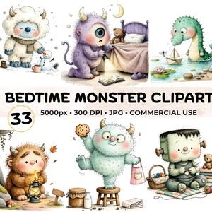 May include: A collection of digital illustrations titled BEDTIME MONSTER CLIPART featuring 33 images of various monsters, including a white yeti with a snowman, a purple one-eyed monster with a flashlight, a green dragon, a brown monster with a lantern, a light blue monster with a cookie, and a green square-headed monster.