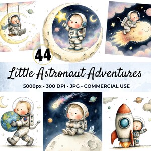 May include: A digital collection of 44 Little Astronaut Adventures illustrations featuring a baby in a white space suit interacting with planets, stars, a rocket, and the moon. The text reads 44 Little Astronaut Adventures 5000px 300 DPI JPG COMMERCIAL USE.