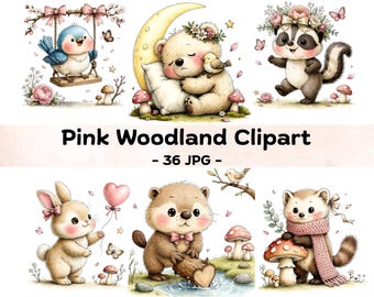 Pink Woodland Clipart Baby Shower Forest Friends Nursery Decor Classroom Baby Animal Wall Art Junk Journal Printable Classroom Sublimation