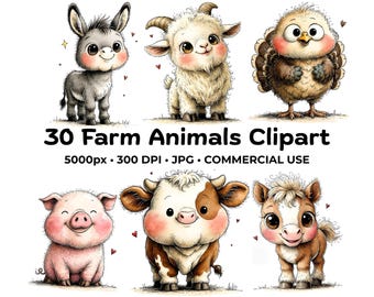 Baby Farm Animal Clipart Nursery Decor Baby Shower Invitation Watercolor Farm Animal Sticker Design Sublimation Design Card Printable 30 JPG