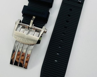 Brietling chronomat black rubber watch strap steel clasp 24mm