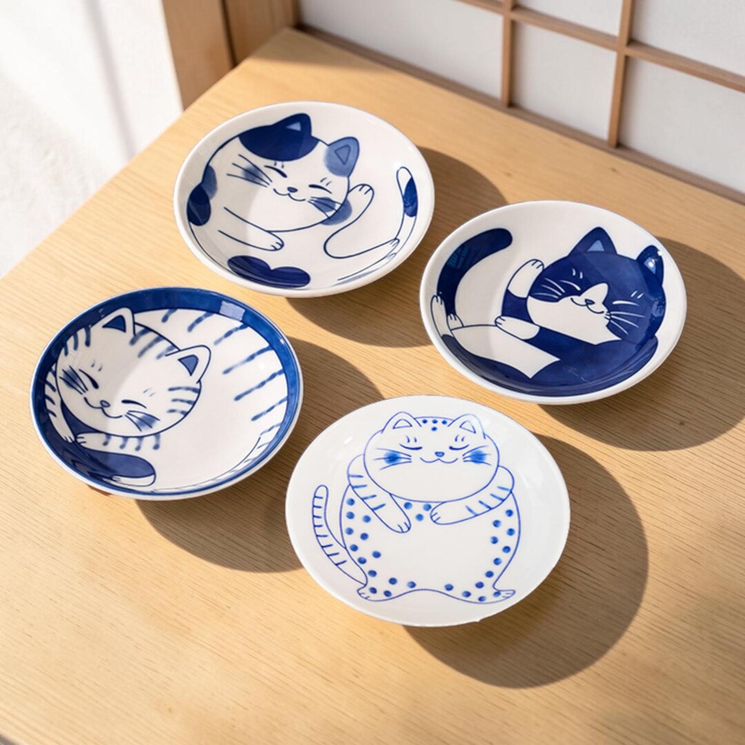 Japanese Cat Plates Set of 4 Blue White Ceramic | Appetizer Sushi Sauce ...