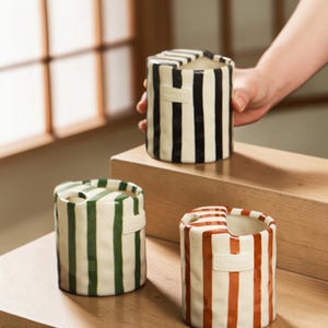 Handmålad keramikmugg | Retro randig kaffekopp, halkfri temugg, japansk stil dricksglas, estetisk köksgåva, unikt samlarobjekt