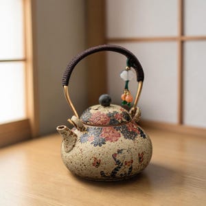Op de afbeelding: Een beige keramische theepot met een bloemenontwerp in rood, zwart en groen. De theepot heeft een bruin handvat en een kleine zwarte knop op het deksel. Een decoratieve bedel hangt aan het handvat. De theepot heeft een kattenillustratie.