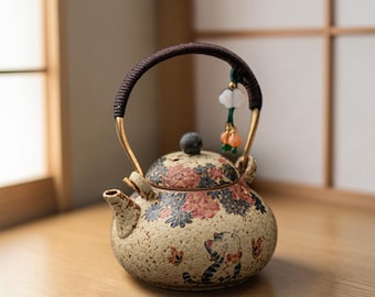 Ceramic Cat Teapot Japanese Style | Stoneware Gongfu Tea Kettle, Overhead Handle Teaware, Cute Kitty Teapot Gift, Collectible Home Decor
