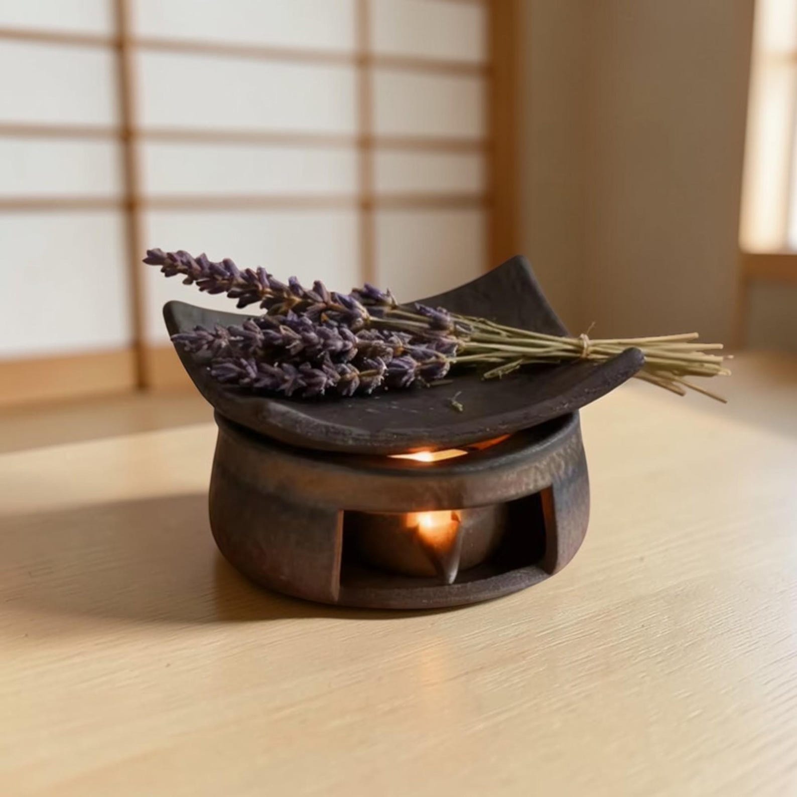 Handcrafted Japanese Ceramic Tea Leaf & Oil Diffuser | Brown Black Candle Warmer | Roast Style Aroma Burner | Unique Relaxation Gift - A