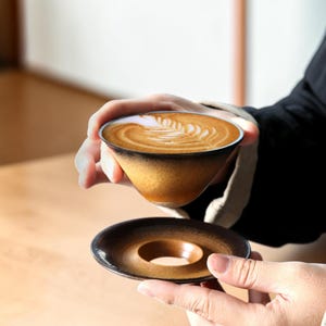 Japanese Ceramic Coffee Cup Saucer Set | Handmade Pottery Mug, Black Amber Glaze, Minimalist Drinkware, Tea Coffee Gift, Zen Decor