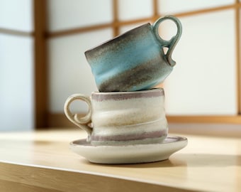 Ceramic Coffee Cup and Saucer Set 220ml | Handmade Stoneware Espresso Cup, Rustic Glaze Tea Cup, Minimalist Drinkware, Gift Decor