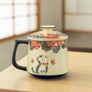 Könnte beinhalten: Cremefarbene Keramiktasse mit Deckel, mit einer blau-weißen Katzenillustration und floralen Mustern. Die Tasse hat einen dunkelblauen Griff und Boden, mit einem passenden Deckel mit Blumen. Das Design beinhaltet Schmetterlinge.