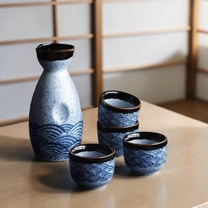 Japanese Ceramic Set, Handmade Sake Server & Cups, Blue Wave Pottery Sake Set, Tokkuri and Ochoko Set, Sake Lover Gift, Japanese Bar Decor